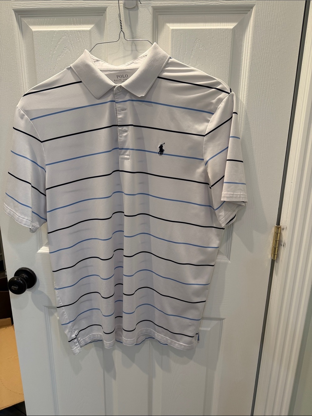 Polo by Ralph Lauren White Polo with Black and Light Blue Stripes